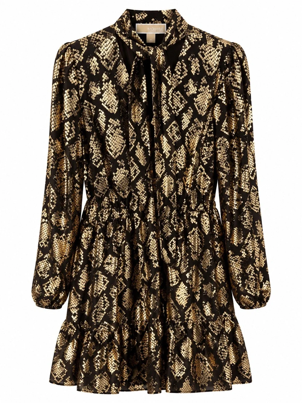 Michael Kors Metallic Snake-Print Tie-Neck Long-Sleeve Dress in Black and Gold